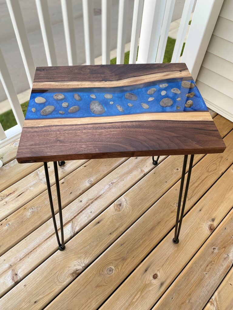 Katie's handmade table with Petoskey stones